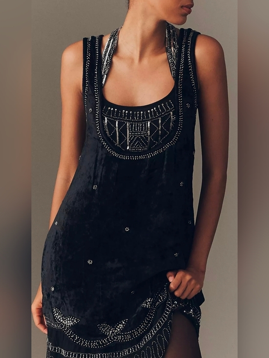 Anthropologie Dresses & Skirts - Anthropologie Black Velvet Sleeveless Beaded Mini Dress
